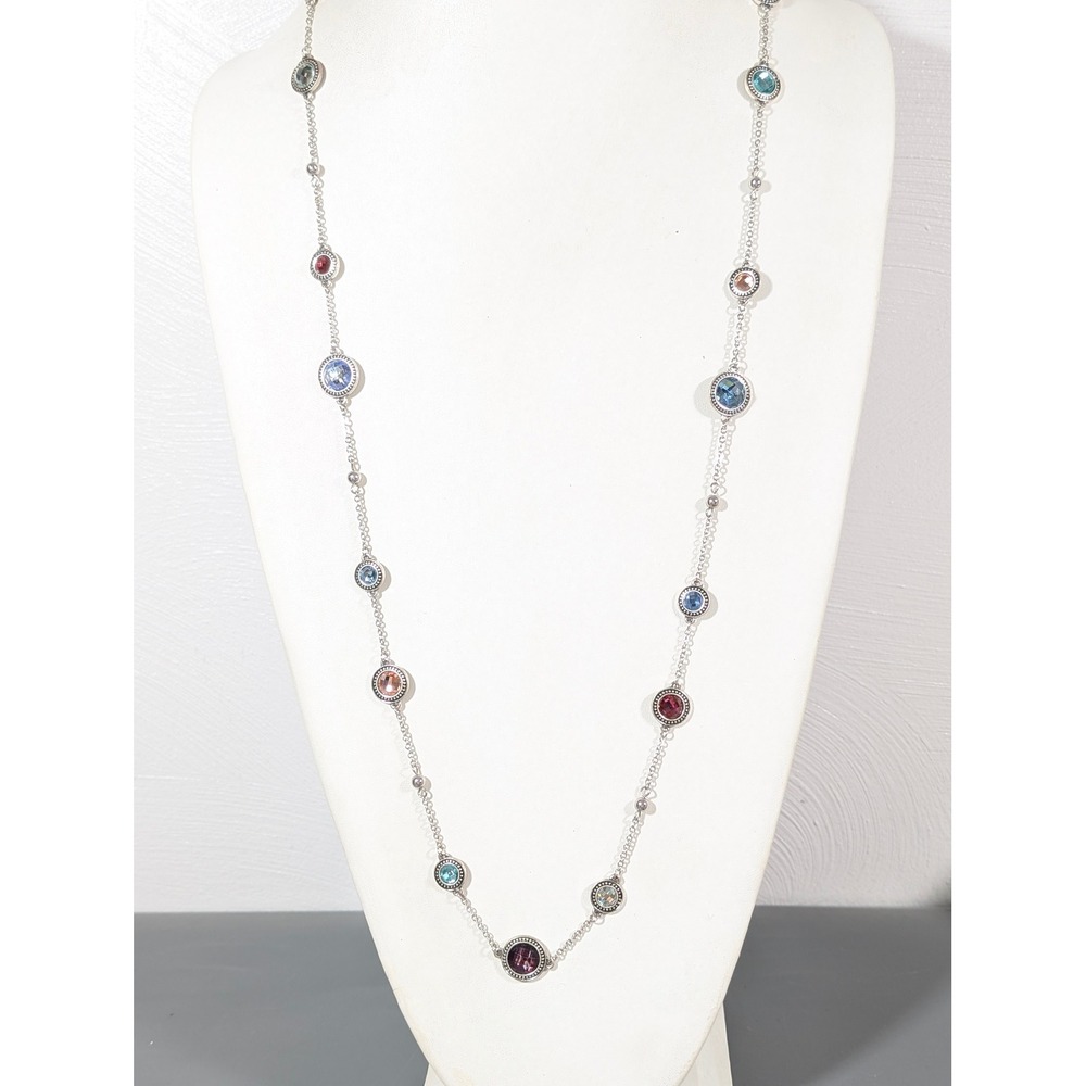 Silver Tone Multicolor Crystal Station Necklace 39" Long Layering Opera